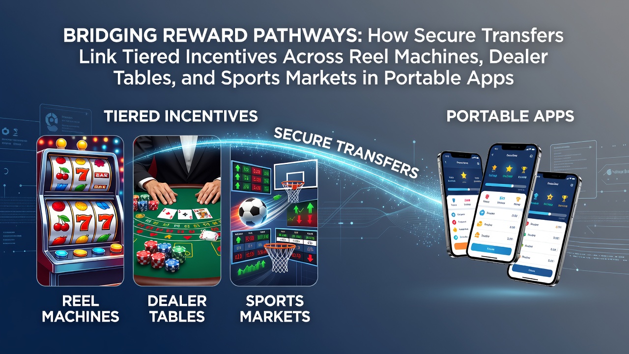 Mobiele app-interface die beloningsniveaus over slots, tafels en sport markten toont met veilige transferopties