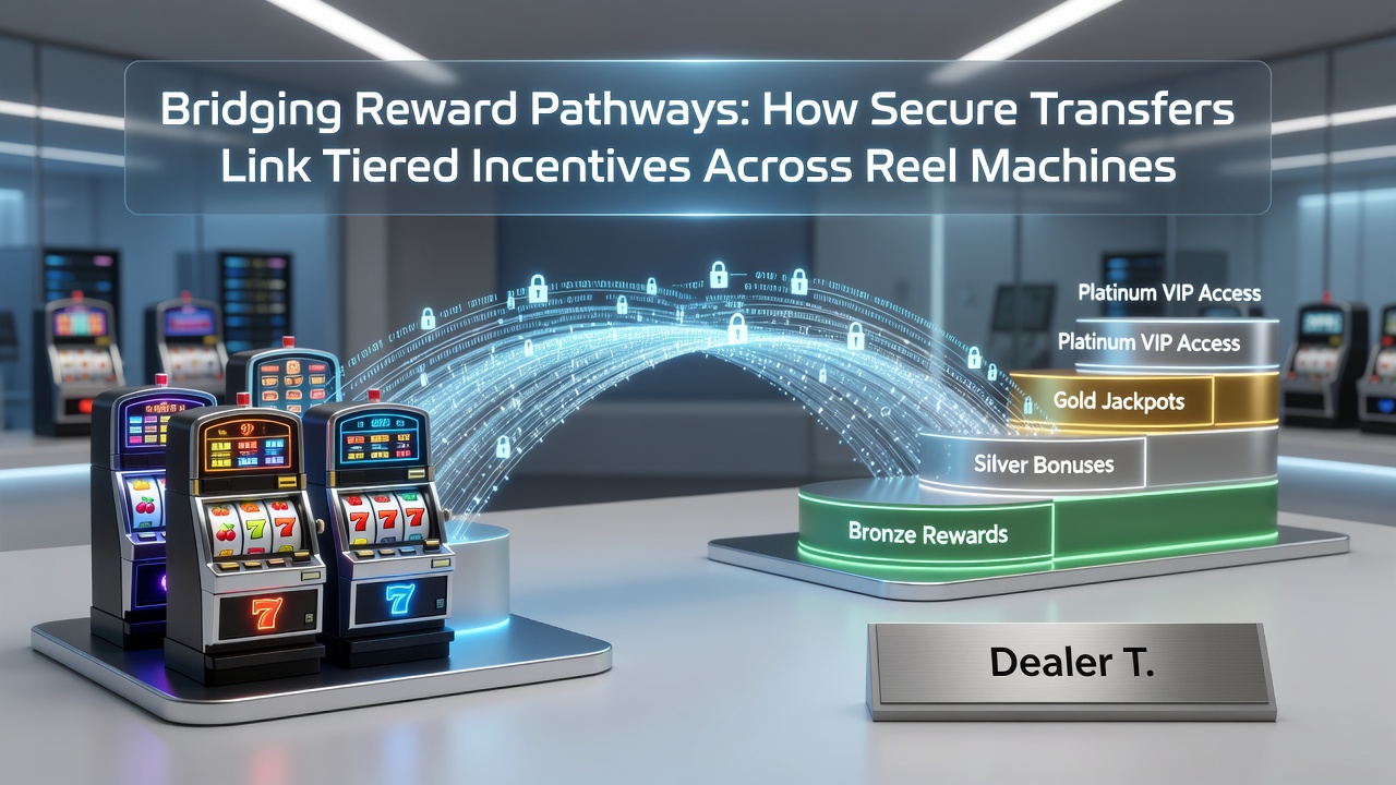 Diagram van reward pathways die slots, live dealer en sportsbook verbinden via secure transfers in een app