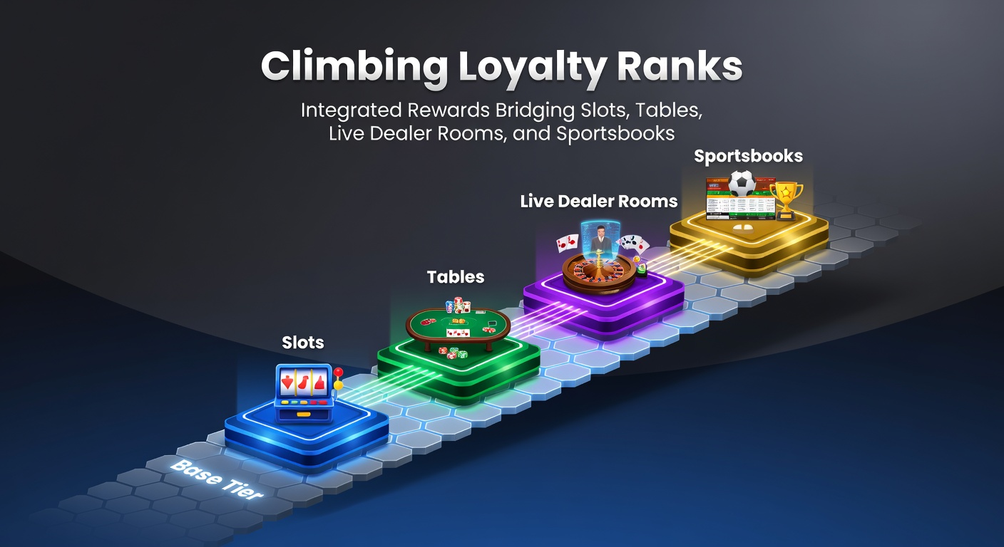 Speler beklimt een virtuele loyaliteitsladder met iconen van slots, blackjack tafels, live dealers en sportweddenschappen die samenkomen in een beloningssysteem