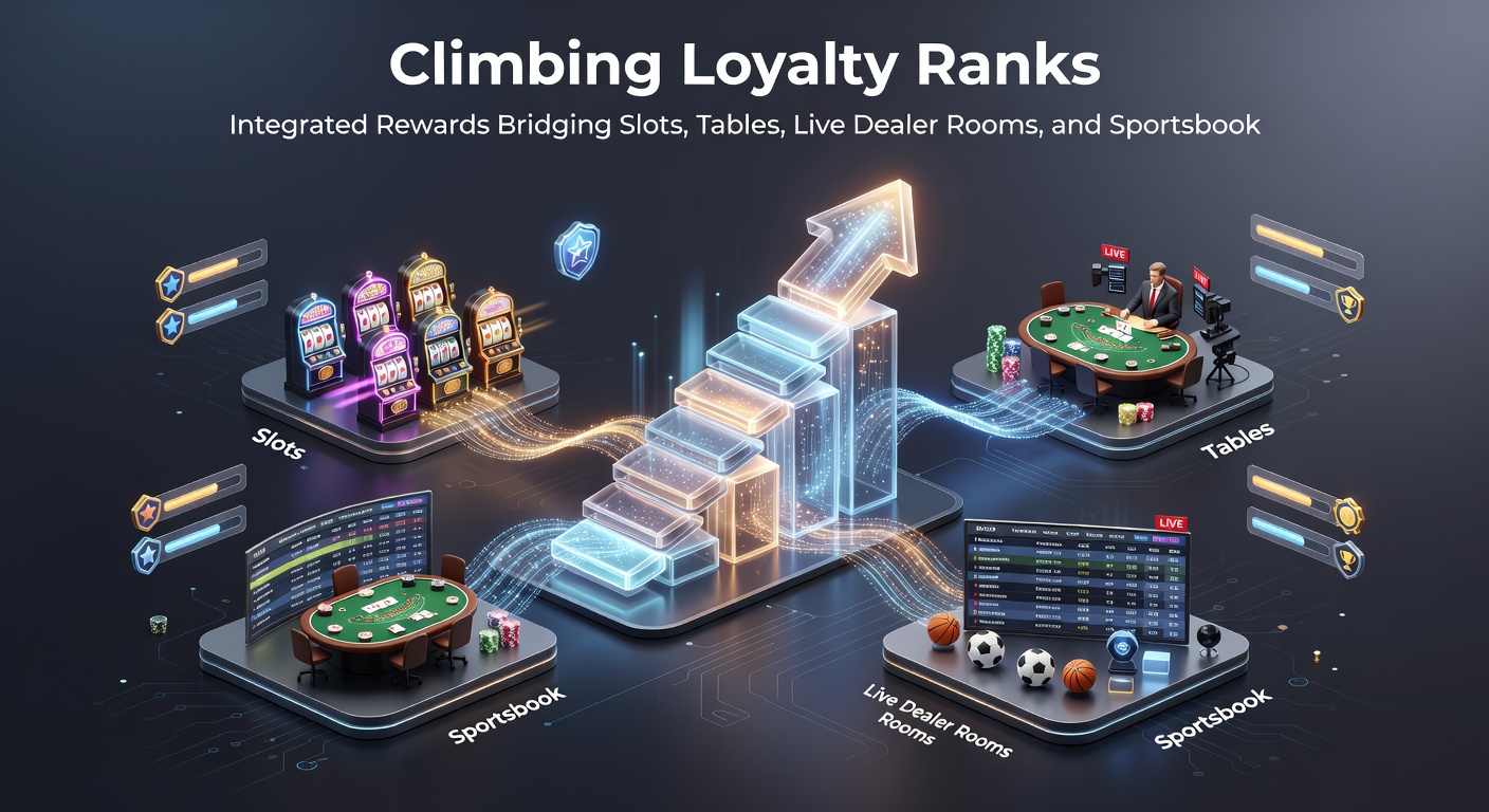 Grafiek toont groei van geïntegreerde loyaliteitspunten over slots, tafels, live dealers en sportsbooks, met een stijgende lijn naar hogere rangen en beloningen