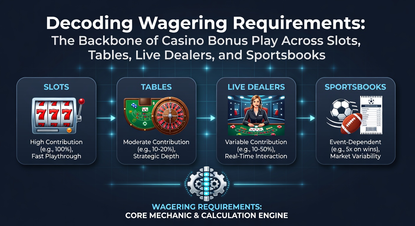 Grafische weergave van een bonusstructuur met omzetvereisten die slots, tafels en sportsbooks verbinden