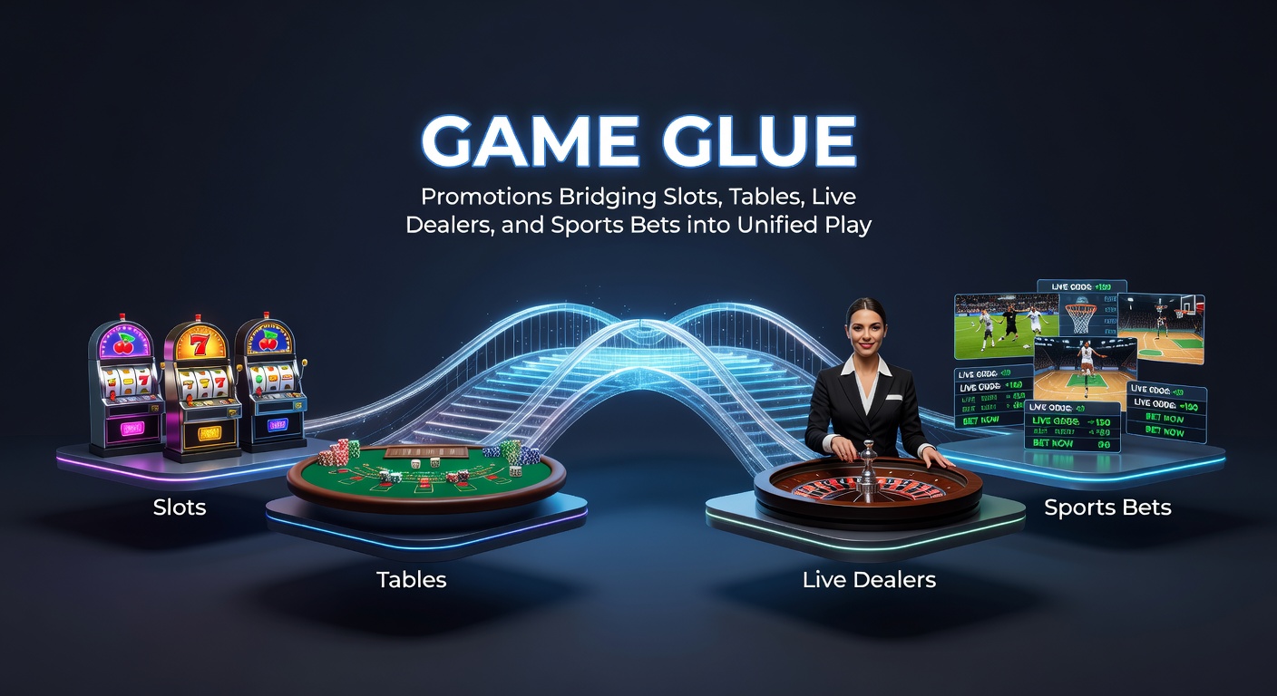 Grafische weergave van een casino-app waar slots, tafels, live dealers en sportweddenschappen samenvloeien door promotionele lijm