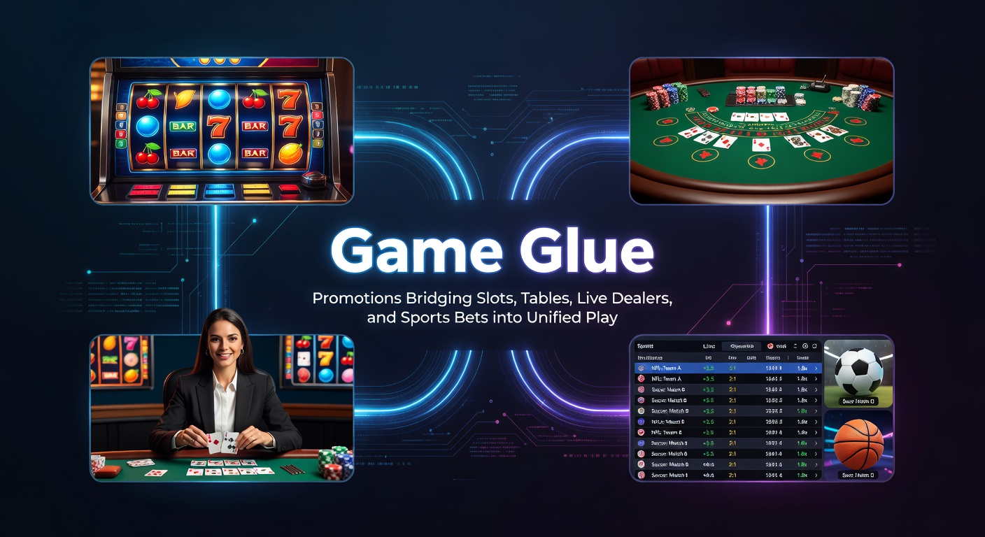 Voorbeeldscherm van een unified casino dashboard met icons voor slots, tafels, live dealers en sports bets verbonden door promotielijnen
