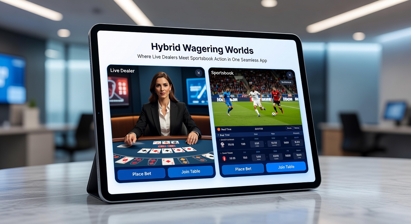 Schermafbeelding van een hybride gokapp met live dealer blackjack naast een live sportweddenschap op voetbal, naadloos geïntegreerd op een mobiel apparaat