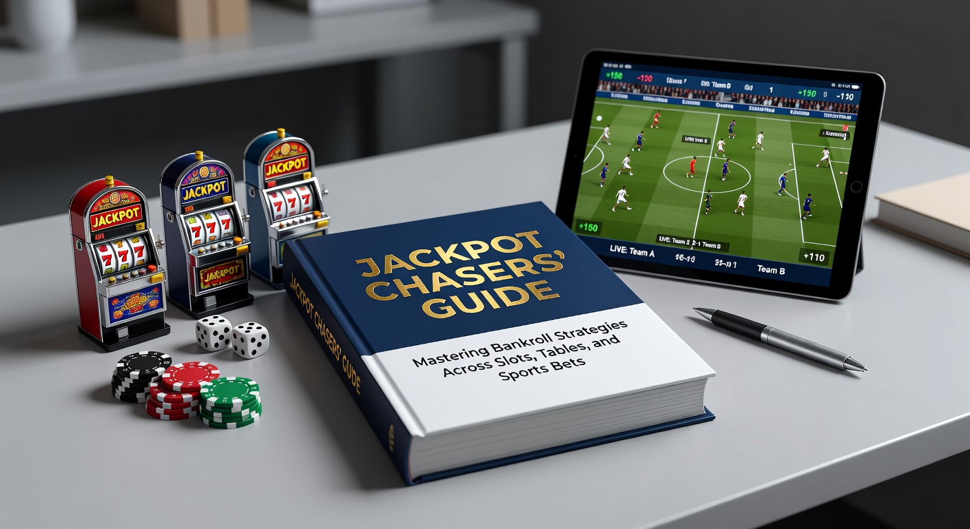 Speler analyseert bankroll grafiek bij een slotmachine met stapels fiches en sportweddenschappen op een scherm