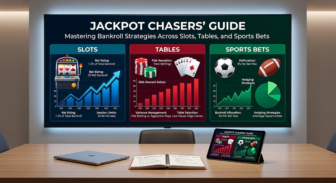 Tafel met blackjack fiches, roulette wiel en poker kaarten, met een bankroll tracker op een tablet