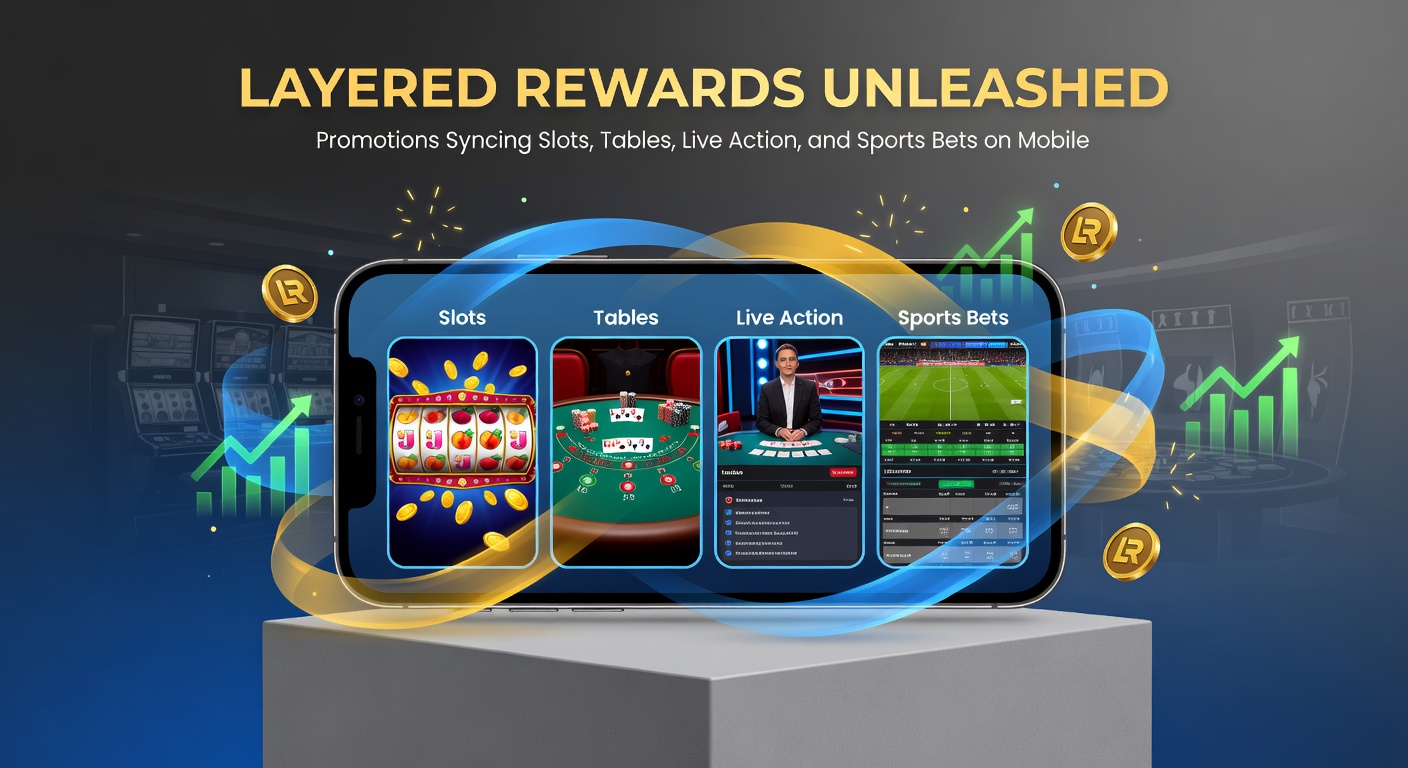 Mobiele app met gelaagde promoties die slots, tafels, live actie en sportweddenschappen synchroniseren, met beloningsiconen die over schermen heen overlappen