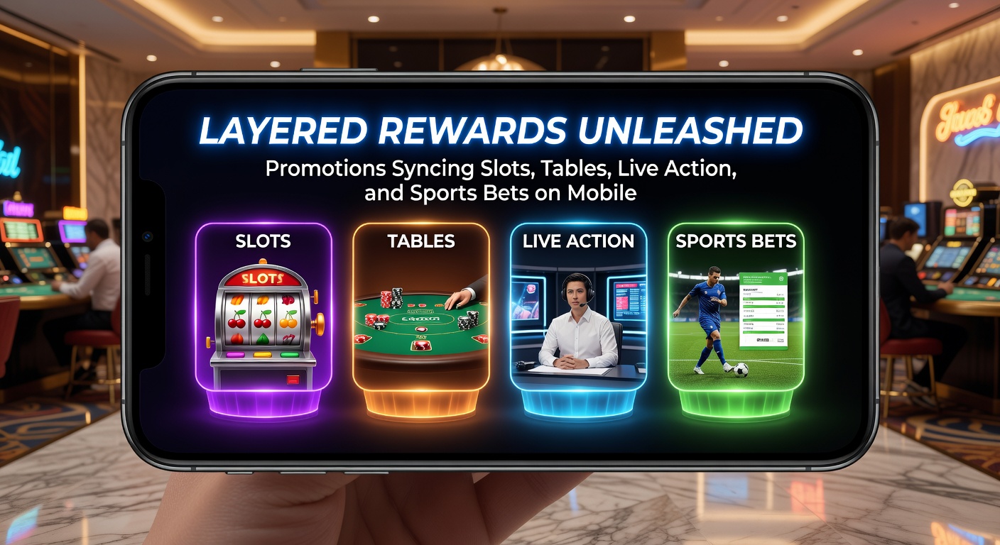 Voorbeeld van een mobiel beloningsdashboard met lagen die slots, tafels, live dealer en sportbets synchroniseren, inclusief progress bars en bonus icons