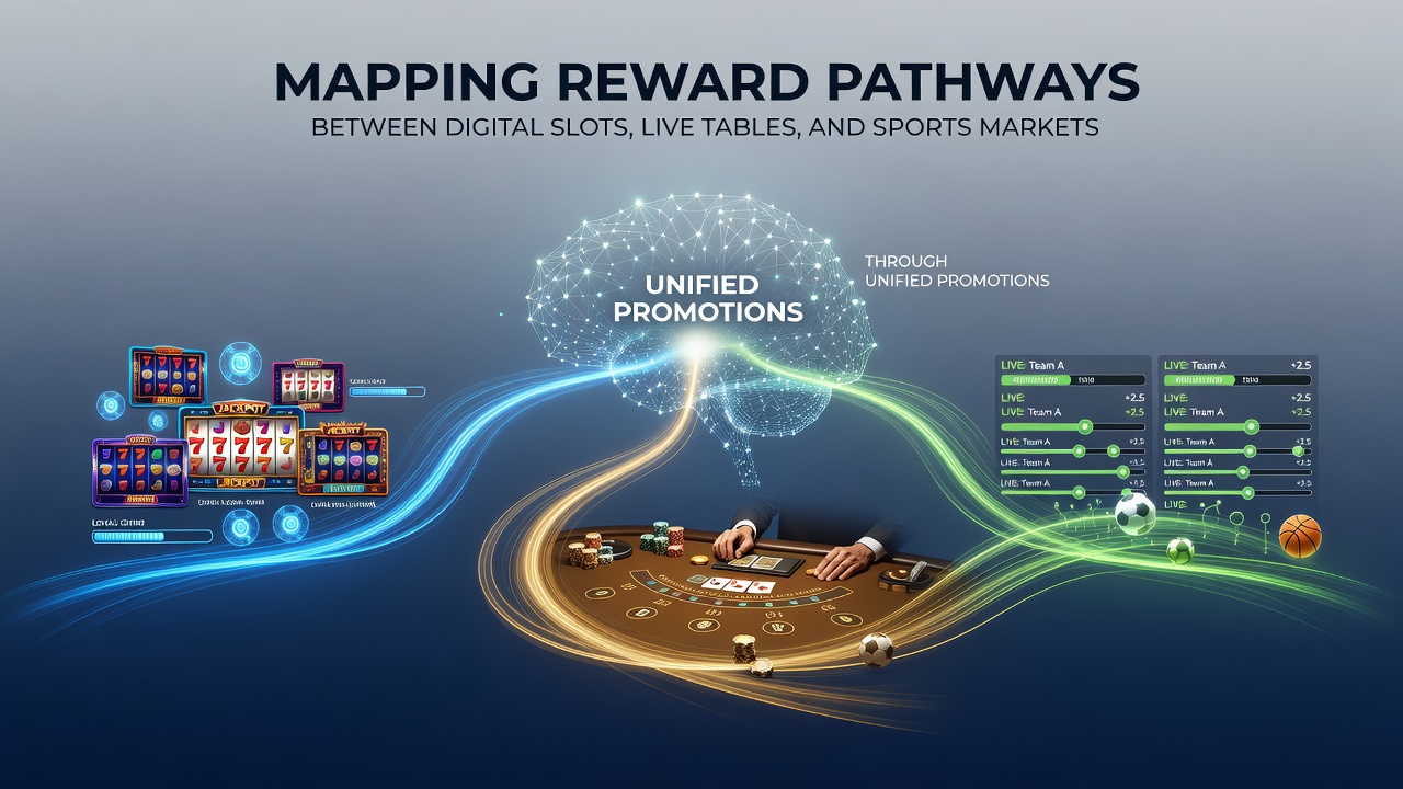 Illustratie van verbonden beloningsroutes tussen slots, live tafels en sportmarkten