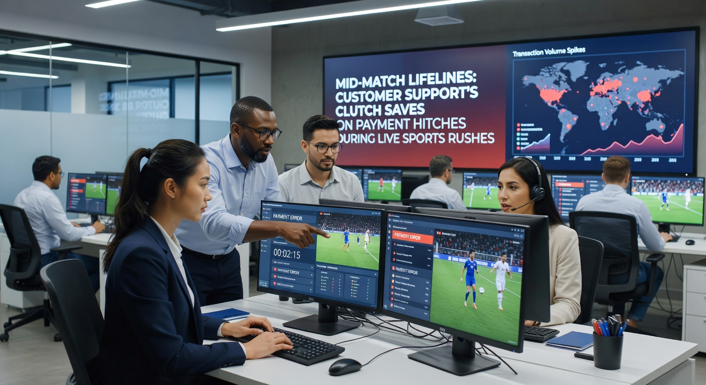 Drukke live sportwedstrijd met supporters en digitale betalingsicoontjes op een smartphone-scherm, symboliserend snelle klantenservice-interventies