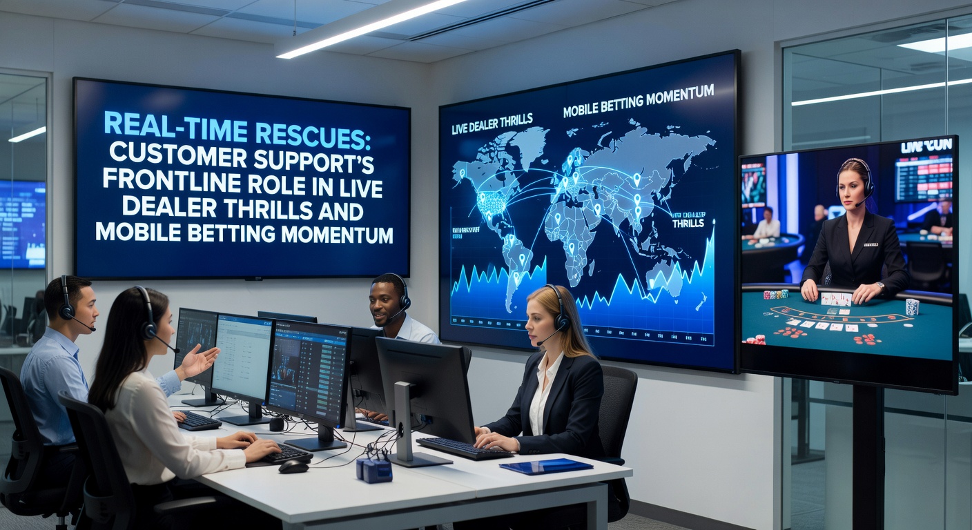 Klantenserviceteam in actie tijdens een live dealer sessie, met schermen vol real-time chats en telefoonlijnen