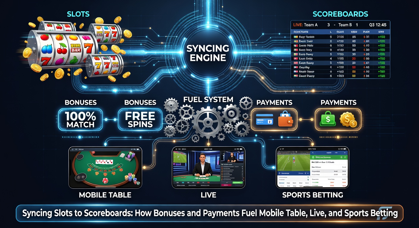 Grafiek met bonussen en betalingsflows die slots, live tafels en sports scoreboards verbinden op een mobiel scherm