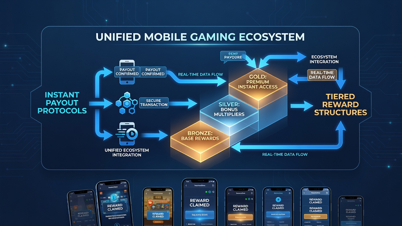 Geïntegreerd dashboard van een mobiele gaming app met niveaus en payout status