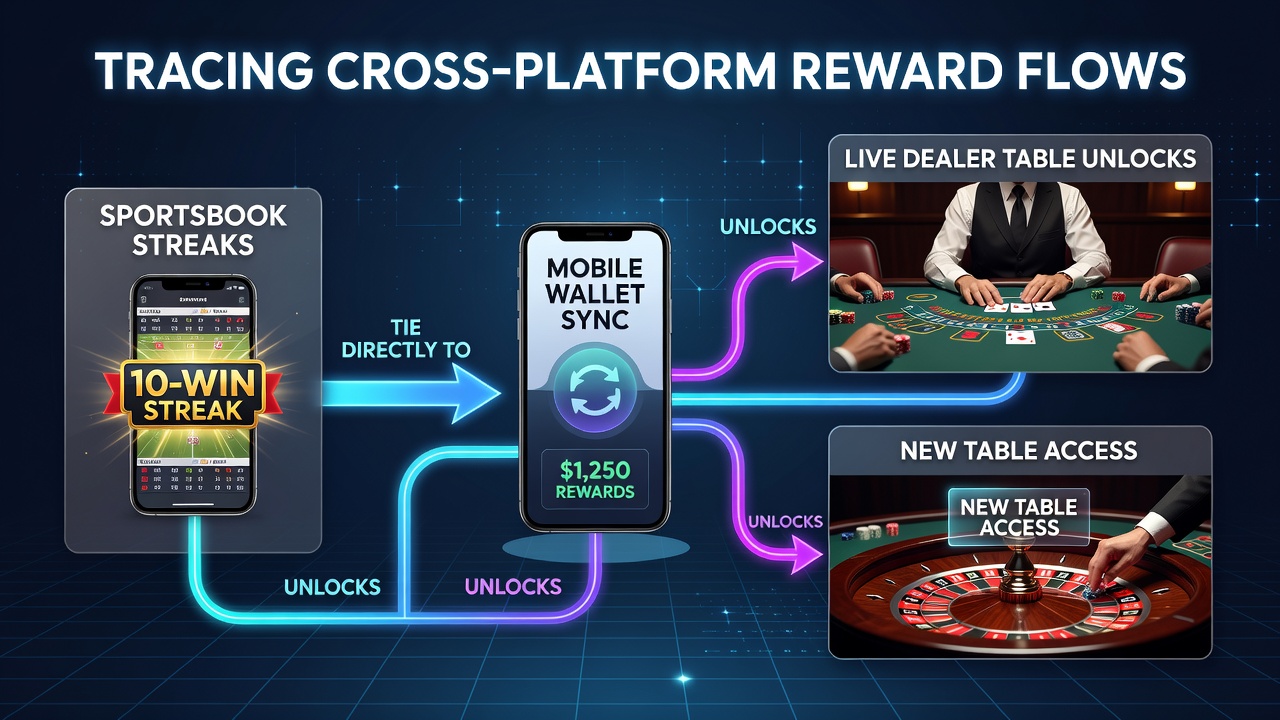 Diagram dat de stroom van beloningen van sportsbook streaks naar live dealer tafel unlocks via mobiele wallet syncs illustreert