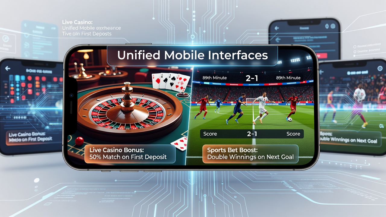 Mobiele app interface die live casino tafels en sportweddenschappen combineert met promotionele banners