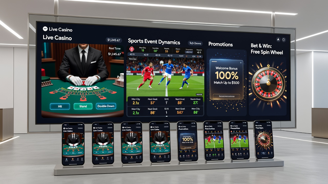 Geïntegreerde mobiele weergave met live sport feeds naast casino tafels en actieve bonus indicatoren